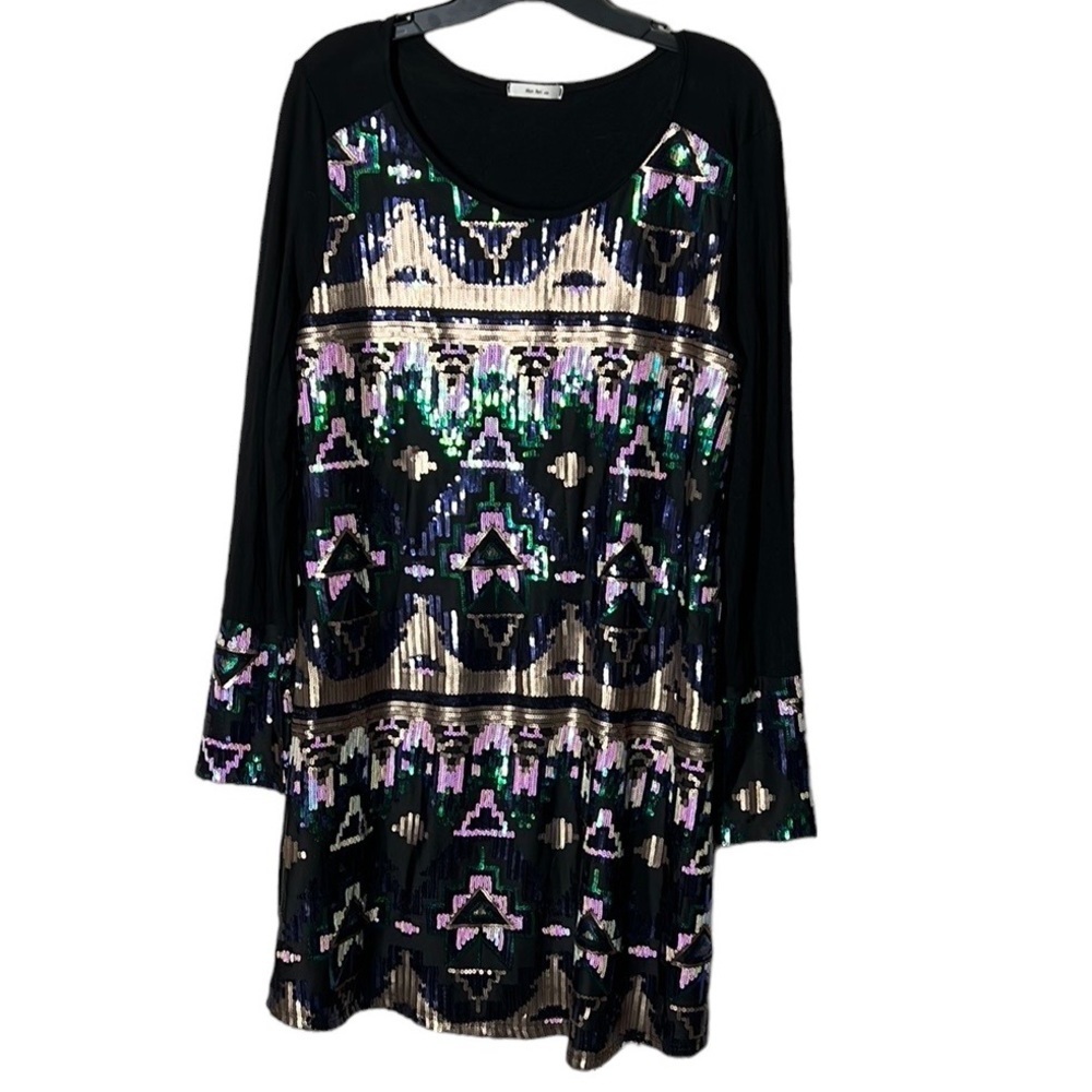 Mon Ami Sequin Black Longsleeve Shift Event Mini Dress. Eras Tour Sz Large